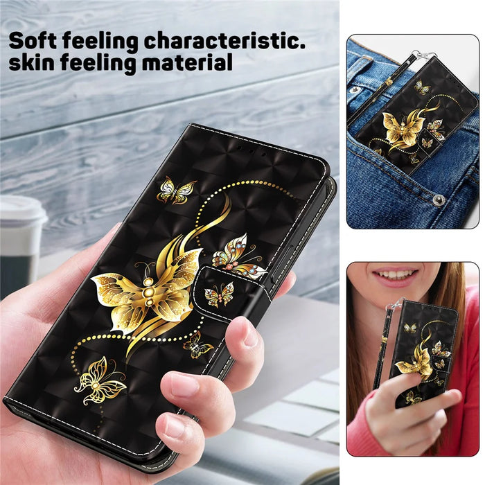 For iPhone 15 Protective Wallet Cover PU Leather 3D Pattern Printing Stand Phone Case with Strap - Golden Butterfly - 5