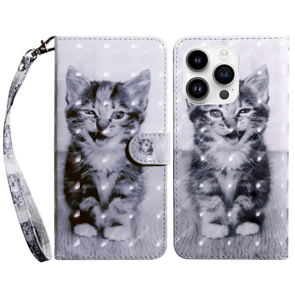 For iPhone 15 Pro PU Leather Stand Wallet Case 3D Pattern Printing Phone Cover with Strap - Cat - 1