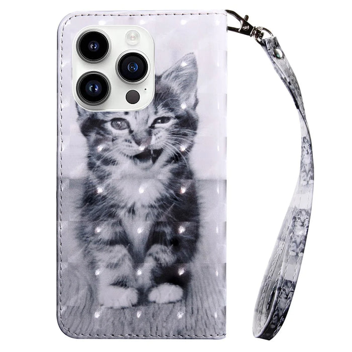 For iPhone 15 Pro PU Leather Stand Wallet Case 3D Pattern Printing Phone Cover with Strap - Cat - 7