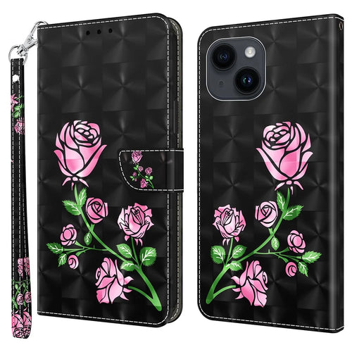 For iPhone 15 Plus PU Leather Wallet Case Flip Stand 3D Pattern Printing Phone Cover with Strap - Rose Flower - 1
