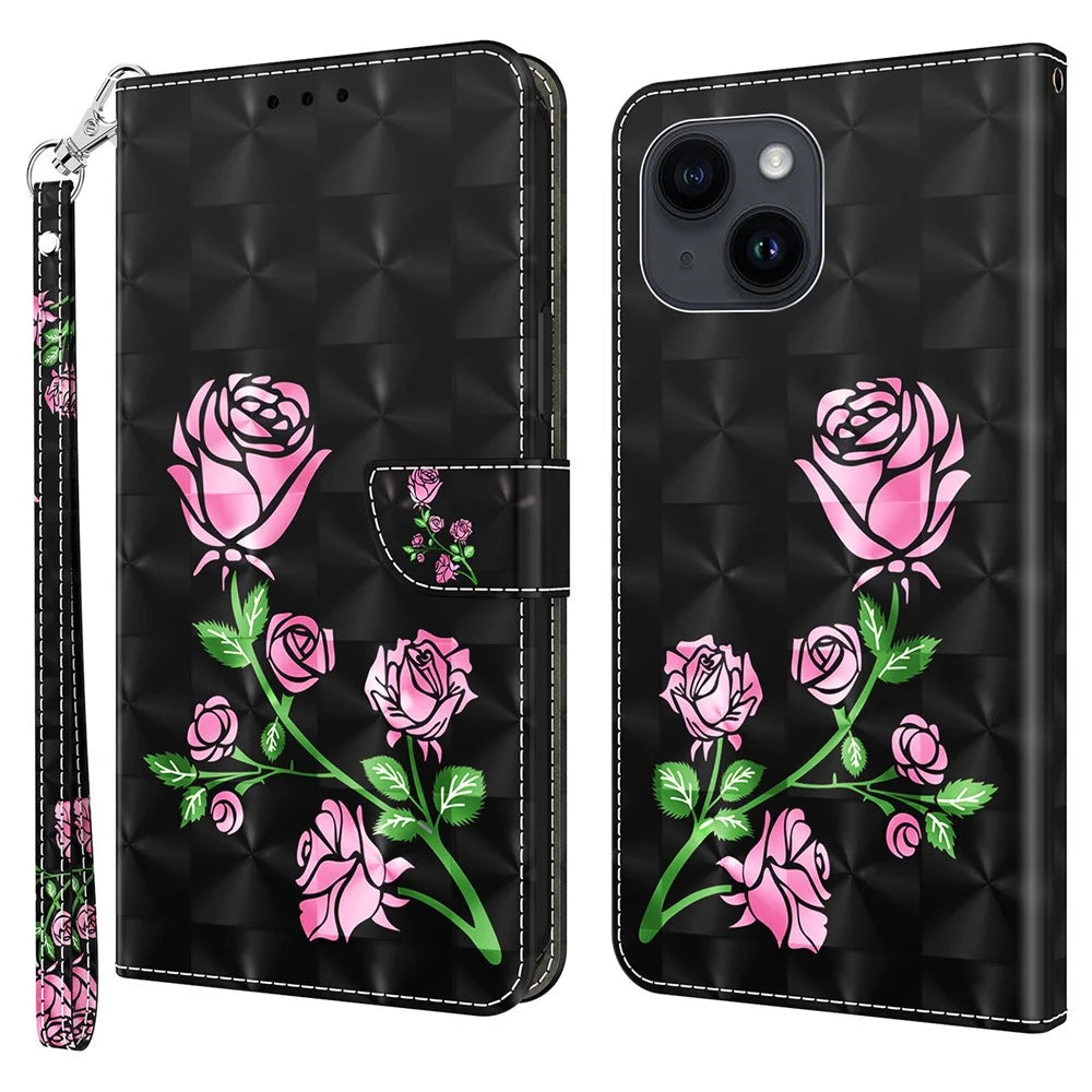 For iPhone 15 Plus PU Leather Wallet Case Flip Stand 3D Pattern Printing Phone Cover with Strap - Rose Flower - 1