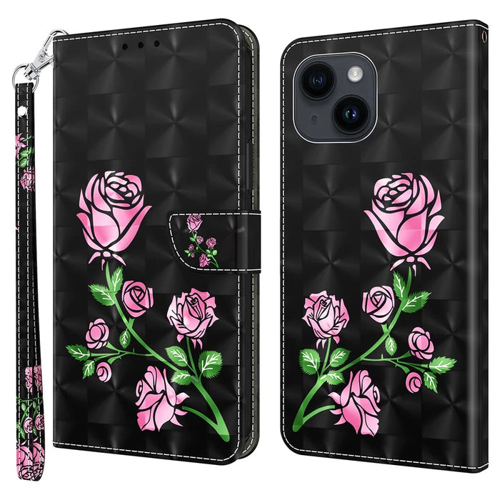 For iPhone 15 Plus PU Leather Wallet Case Flip Stand 3D Pattern Printing Phone Cover with Strap - Rose Flower - 1