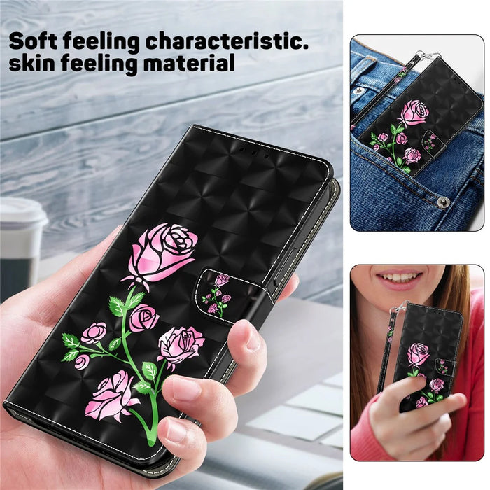For iPhone 15 Plus PU Leather Wallet Case Flip Stand 3D Pattern Printing Phone Cover with Strap - Rose Flower - 5