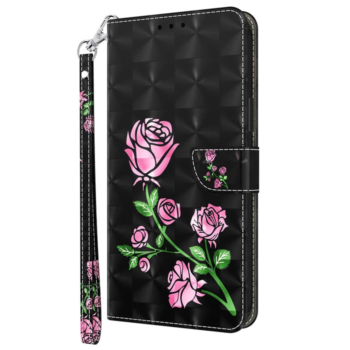 For iPhone 15 Plus PU Leather Wallet Case Flip Stand 3D Pattern Printing Phone Cover with Strap - Rose Flower - 6