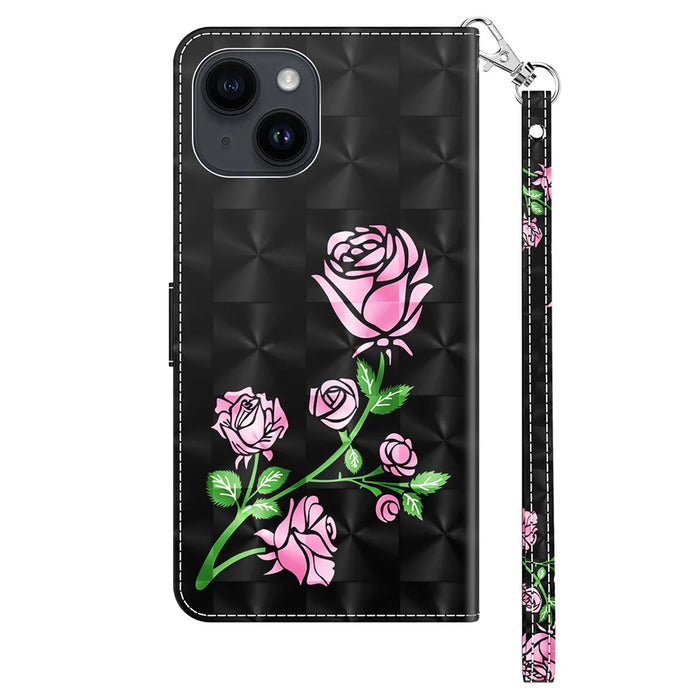 For iPhone 15 Plus PU Leather Wallet Case Flip Stand 3D Pattern Printing Phone Cover with Strap - Rose Flower - 7