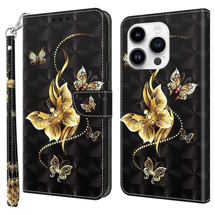 For iPhone 15 Pro Max PU Leather Phone Case Wallet Stand 3D Pattern Printing Folio Cover with Strap - Golden Butterfly - 1