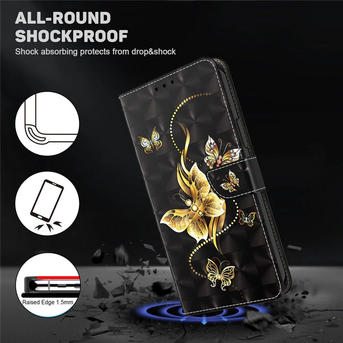 For iPhone 15 Pro Max PU Leather Phone Case Wallet Stand 3D Pattern Printing Folio Cover with Strap - Golden Butterfly - 4