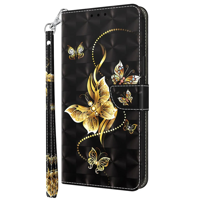 For iPhone 15 Pro Max PU Leather Phone Case Wallet Stand 3D Pattern Printing Folio Cover with Strap - Golden Butterfly - 6