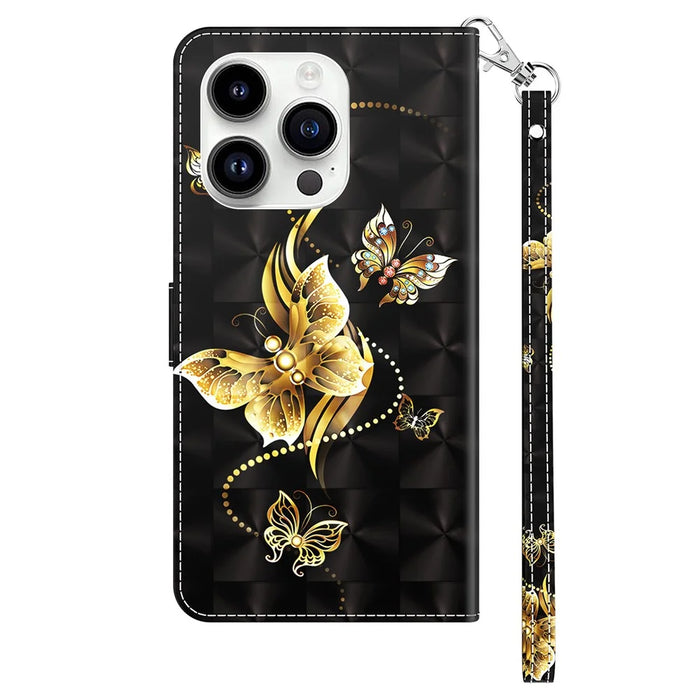 For iPhone 15 Pro Max PU Leather Phone Case Wallet Stand 3D Pattern Printing Folio Cover with Strap - Golden Butterfly - 7