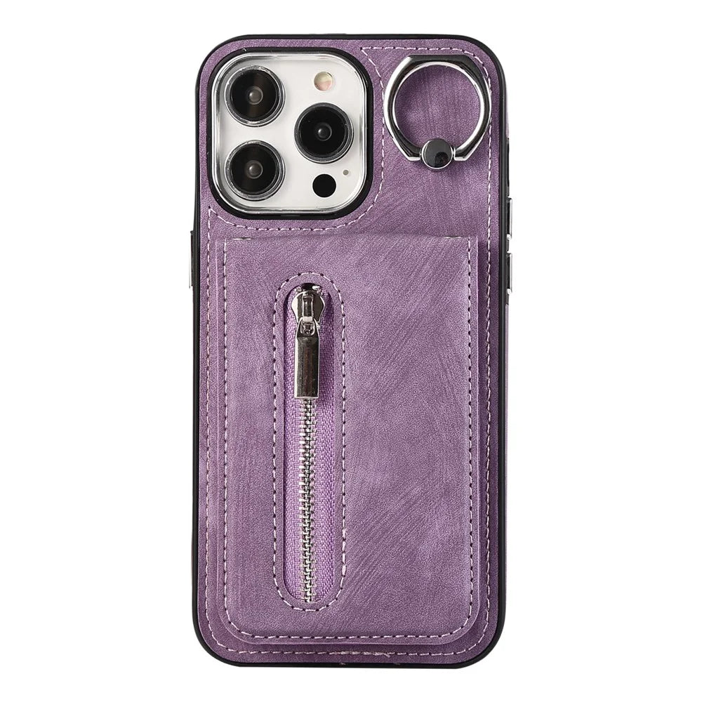 For iPhone 15 Plus Zipper Pocket Phone Case Leather+TPU Kickstand Cover with Hand Strap and Shoulder Strap - Purple - 1