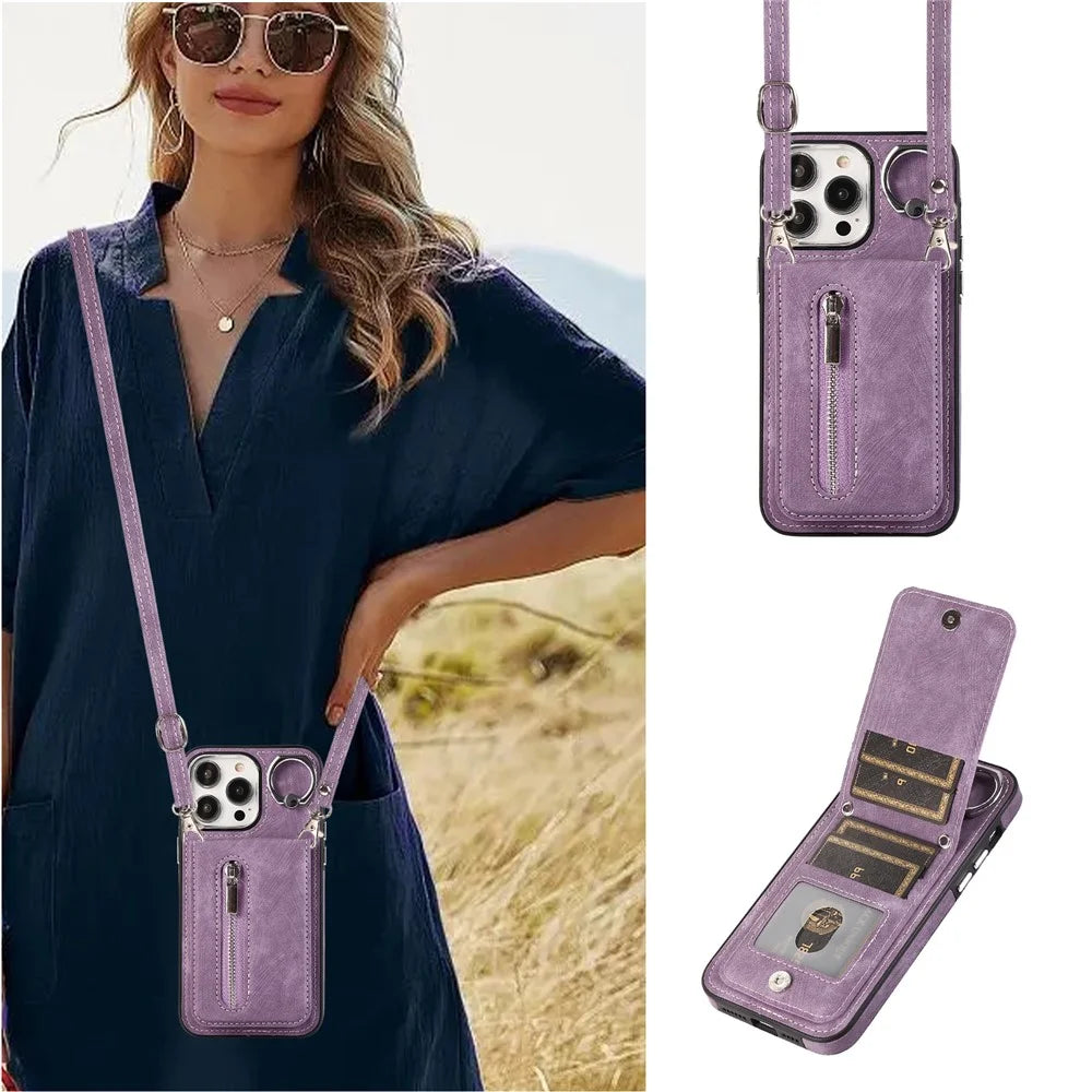 For iPhone 15 Plus Zipper Pocket Phone Case Leather+TPU Kickstand Cover with Hand Strap and Shoulder Strap - Purple - 2