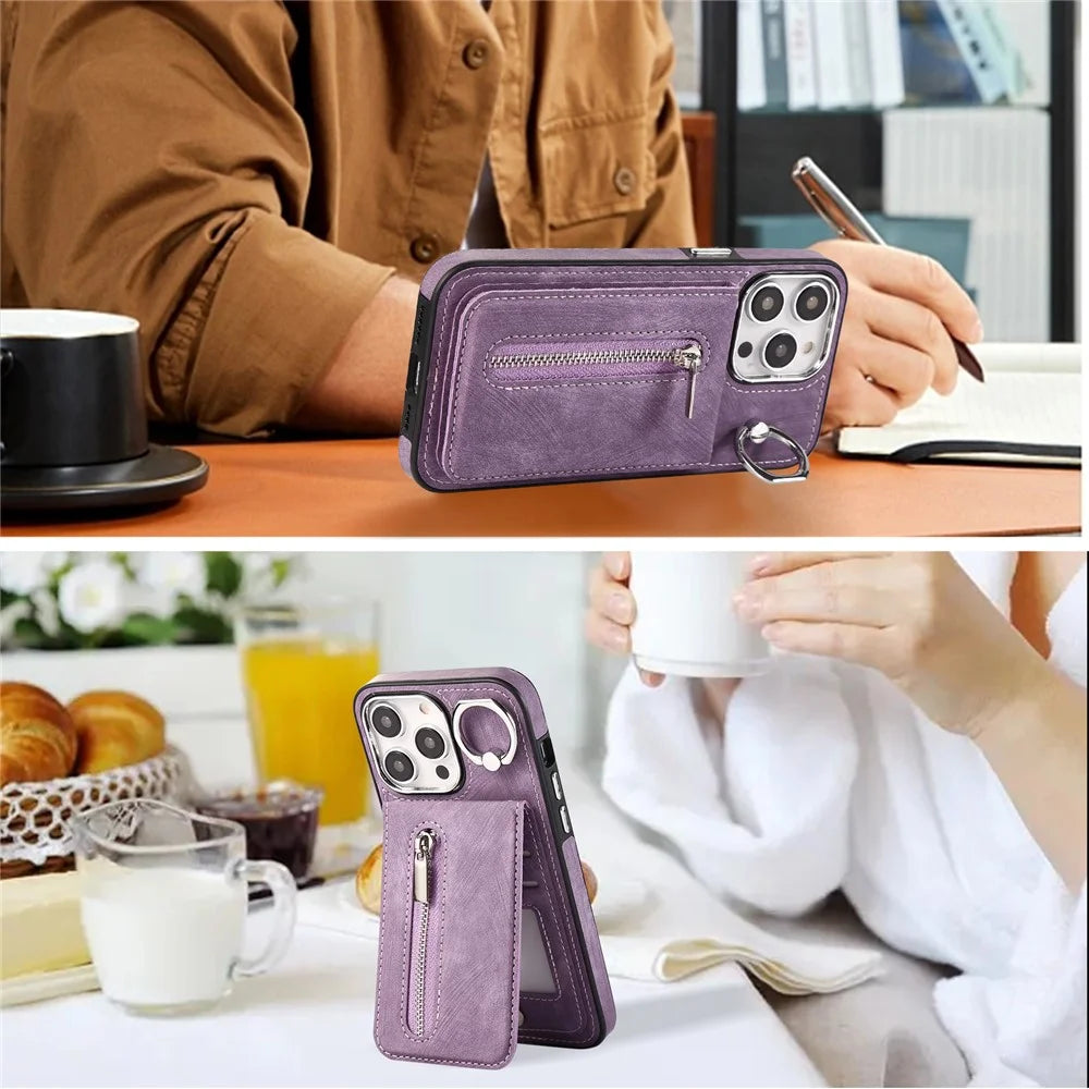 For iPhone 15 Plus Zipper Pocket Phone Case Leather+TPU Kickstand Cover with Hand Strap and Shoulder Strap - Purple - 3