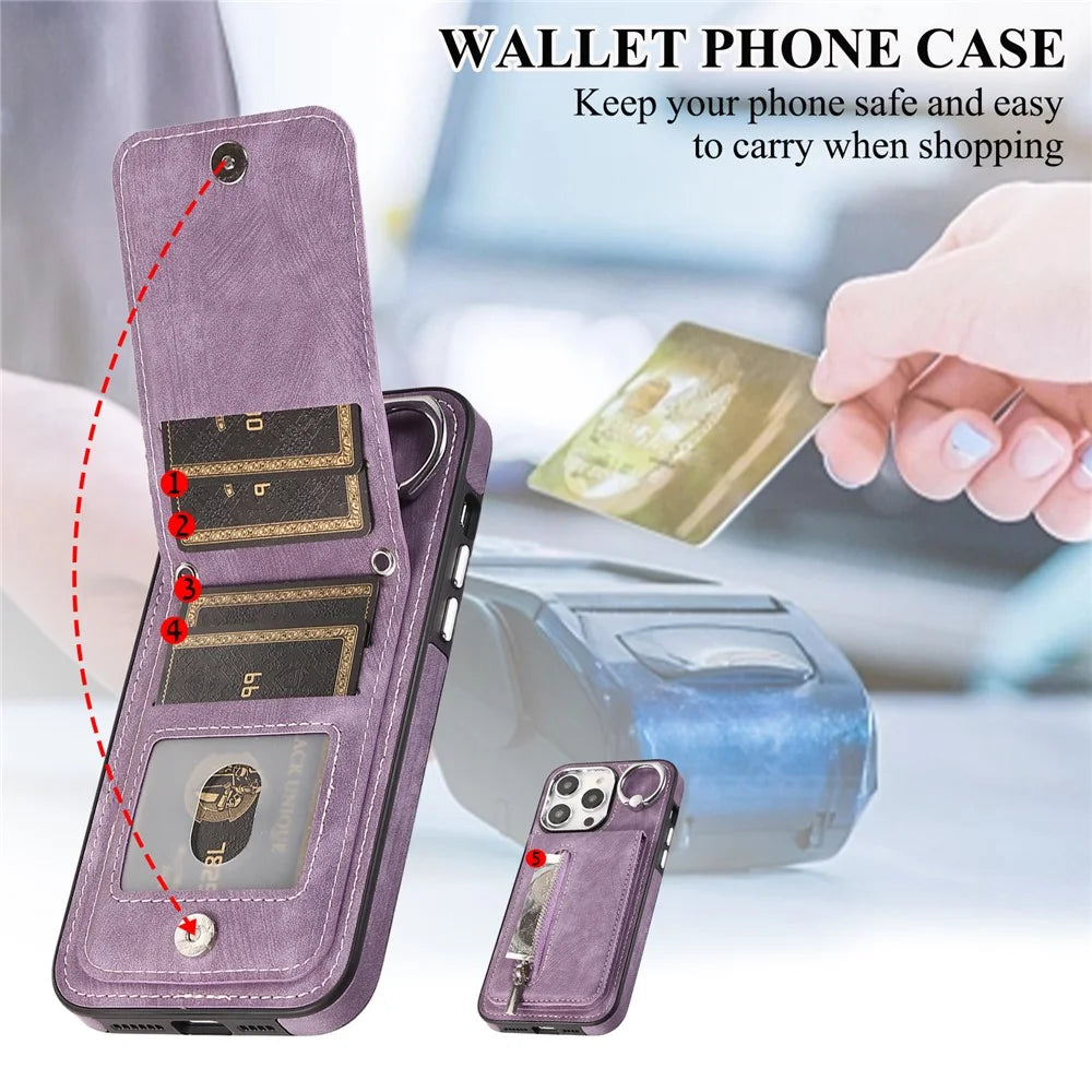 For iPhone 15 Plus Zipper Pocket Phone Case Leather+TPU Kickstand Cover with Hand Strap and Shoulder Strap - Purple - 4