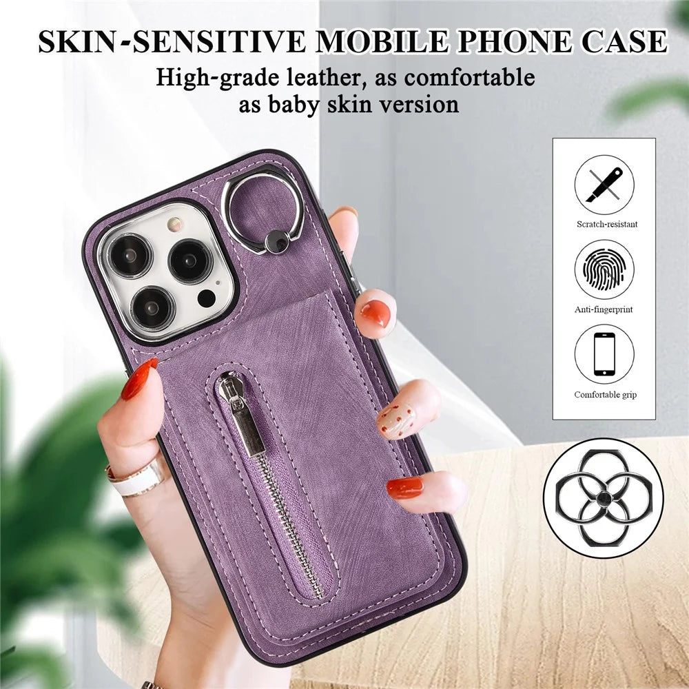 For iPhone 15 Plus Zipper Pocket Phone Case Leather+TPU Kickstand Cover with Hand Strap and Shoulder Strap - Purple - 6