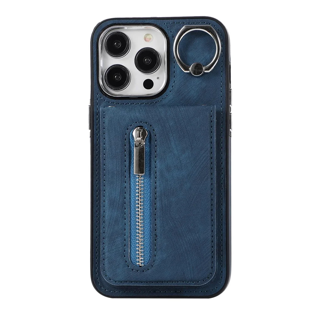 For iPhone 15 Pro Max Kickstand Phone Cover PU Leather Coated TPU Zipper Pocket Case with Hand Strap - Blue - 1