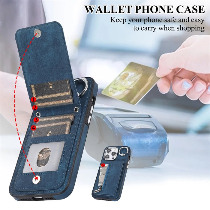 For iPhone 15 Pro Max Kickstand Phone Cover PU Leather Coated TPU Zipper Pocket Case with Hand Strap - Blue - 3