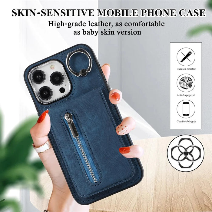 For iPhone 15 Pro Max Kickstand Phone Cover PU Leather Coated TPU Zipper Pocket Case with Hand Strap - Blue - 5