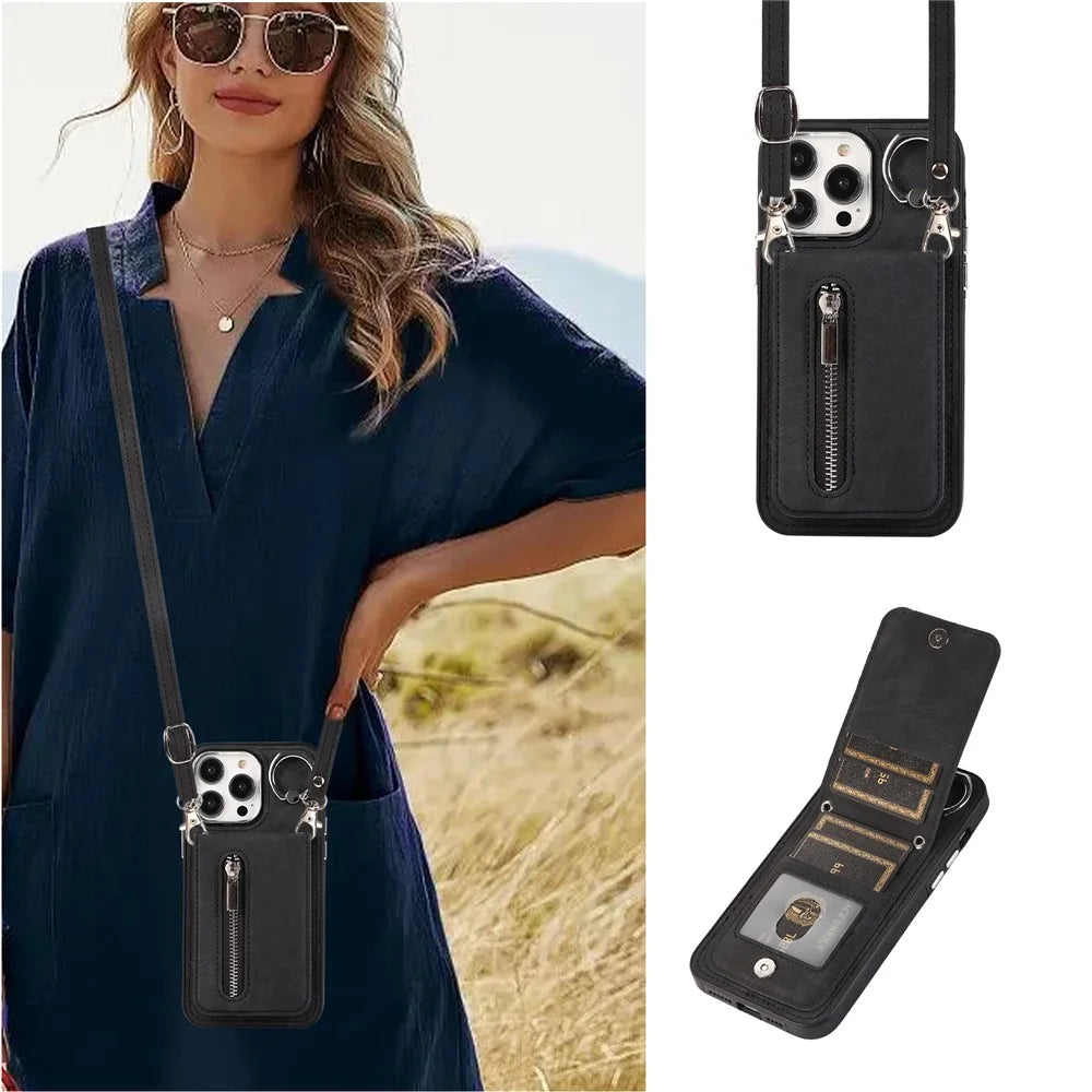 For iPhone 15 Pro Max Kickstand Case Zipper Pocket Leather+TPU Phone Cover with Hand Strap and Shoulder Strap - Black - 2