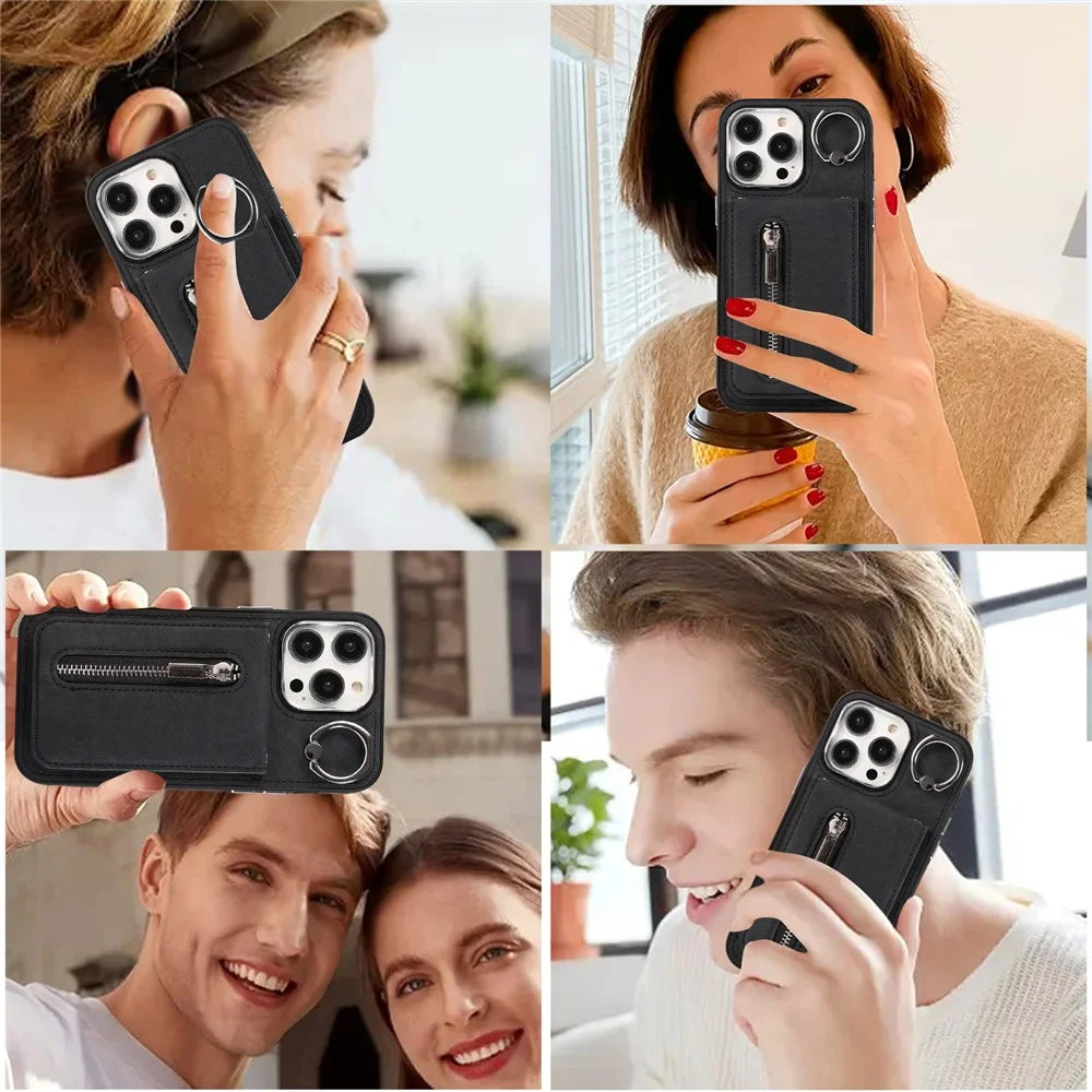 For iPhone 15 Pro Max Kickstand Case Zipper Pocket Leather+TPU Phone Cover with Hand Strap and Shoulder Strap - Black - 5