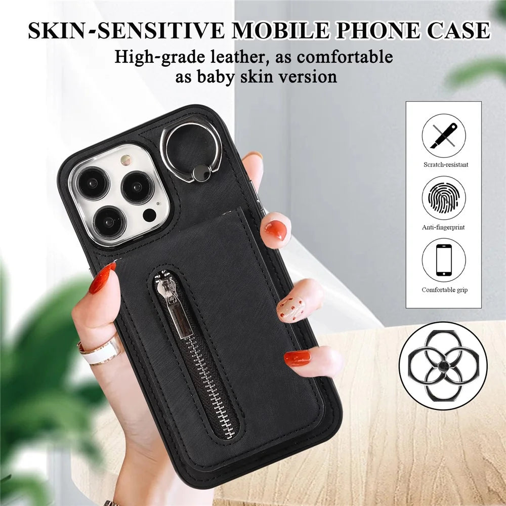 For iPhone 15 Pro Max Kickstand Case Zipper Pocket Leather+TPU Phone Cover with Hand Strap and Shoulder Strap - Black - 6