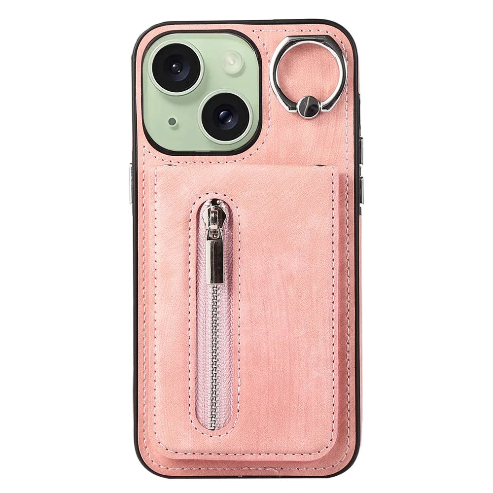 Kickstand Zipper Pocket Phone Case for iPhone 15 Plus , PU Leather Coated TPU Cover with Hand Strap - Pink - 1