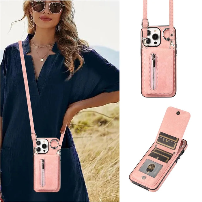 Kickstand Zipper Pocket Phone Case for iPhone 15 Plus , PU Leather Coated TPU Cover with Hand Strap - Pink - 2
