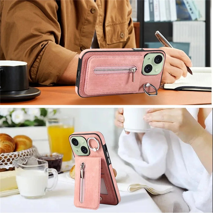 Kickstand Zipper Pocket Phone Case for iPhone 15 Plus , PU Leather Coated TPU Cover with Hand Strap - Pink - 3