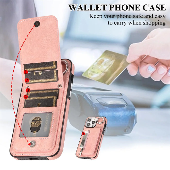 Kickstand Zipper Pocket Phone Case for iPhone 15 Plus , PU Leather Coated TPU Cover with Hand Strap - Pink - 4