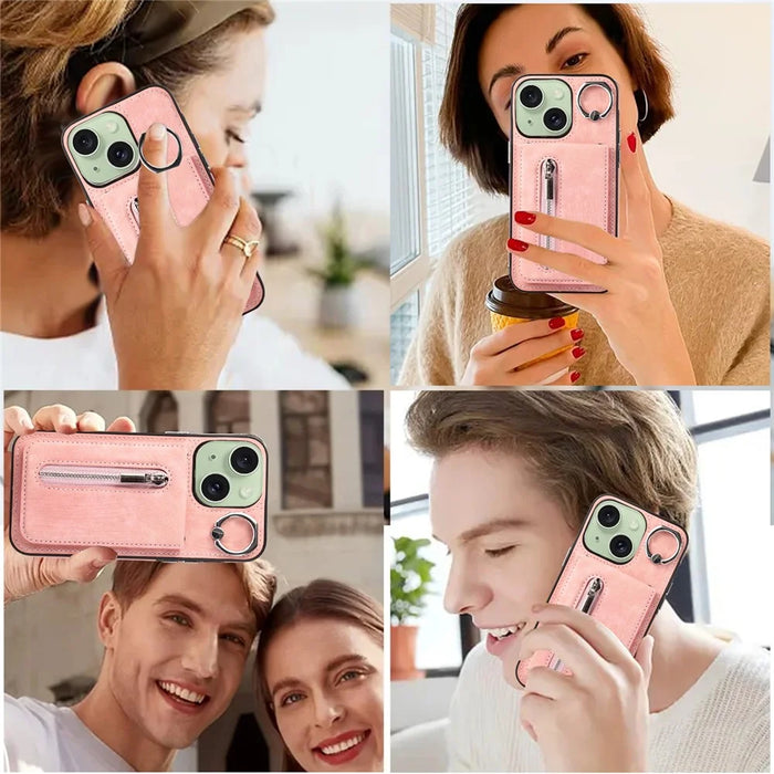 Kickstand Zipper Pocket Phone Case for iPhone 15 Plus , PU Leather Coated TPU Cover with Hand Strap - Pink - 5