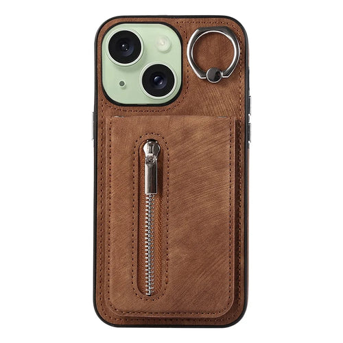 Zipper Pocket Leather+TPU Case for iPhone 15 , Kickstand Phone Cover with Hand Strap and Shoulder Strap - Brown - 1