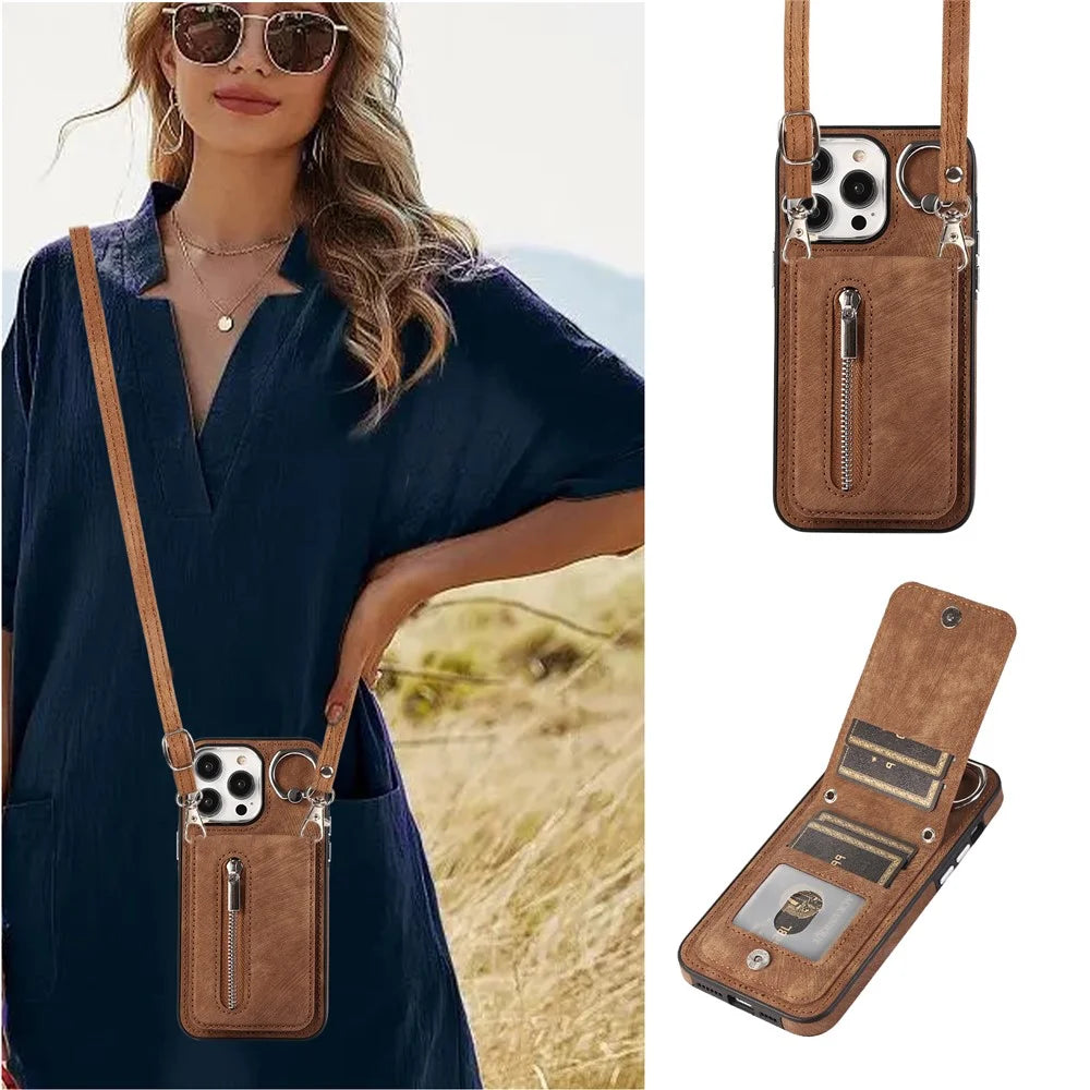 Zipper Pocket Leather+TPU Case for iPhone 15 , Kickstand Phone Cover with Hand Strap and Shoulder Strap - Brown - 2