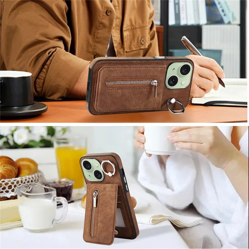 Zipper Pocket Leather+TPU Case for iPhone 15 , Kickstand Phone Cover with Hand Strap and Shoulder Strap - Brown - 3