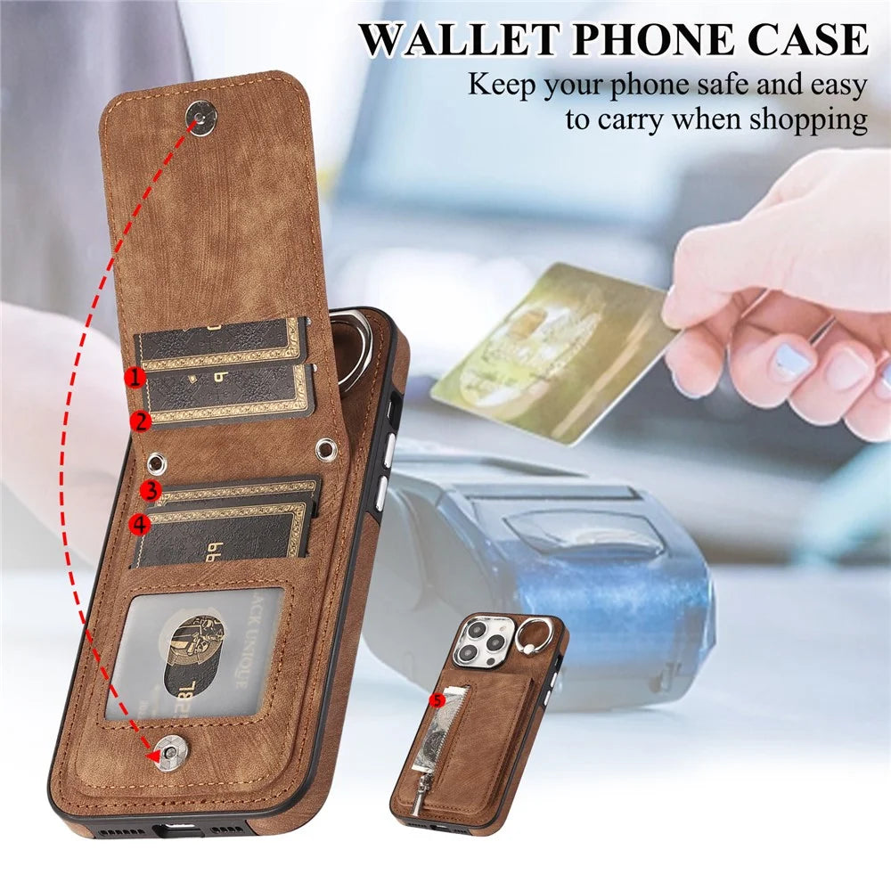 Zipper Pocket Leather+TPU Case for iPhone 15 , Kickstand Phone Cover with Hand Strap and Shoulder Strap - Brown - 4