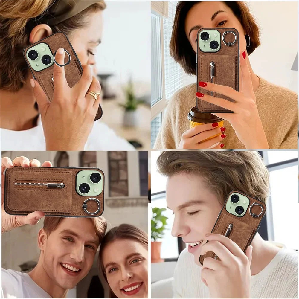 Zipper Pocket Leather+TPU Case for iPhone 15 , Kickstand Phone Cover with Hand Strap and Shoulder Strap - Brown - 5