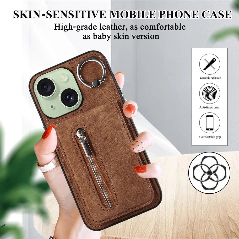 Zipper Pocket Leather+TPU Case for iPhone 15 , Kickstand Phone Cover with Hand Strap and Shoulder Strap - Brown - 6