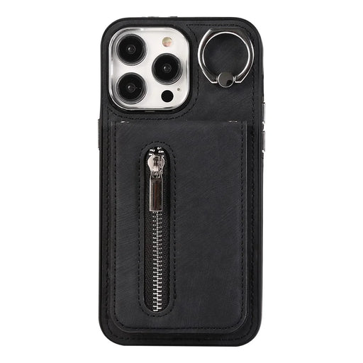 For iPhone 15 Pro Leather Coated TPU Zipper Pocket Phone Case Kickstand Cover with Hand Strap - Black - 1