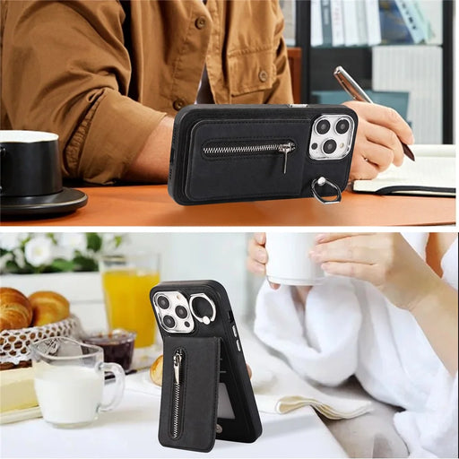 For iPhone 15 Pro Leather Coated TPU Zipper Pocket Phone Case Kickstand Cover with Hand Strap - Black - 2
