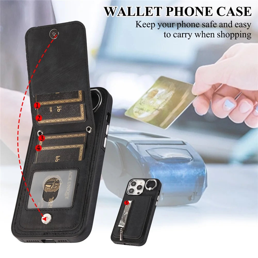 For iPhone 15 Pro Leather Coated TPU Zipper Pocket Phone Case Kickstand Cover with Hand Strap - Black - 3