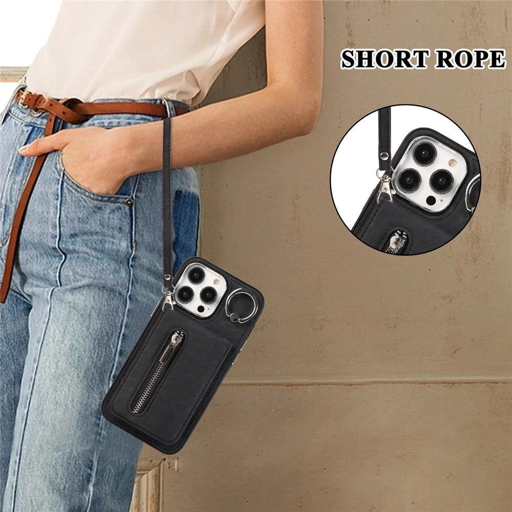 For iPhone 15 Pro Leather Coated TPU Zipper Pocket Phone Case Kickstand Cover with Hand Strap - Black - 7
