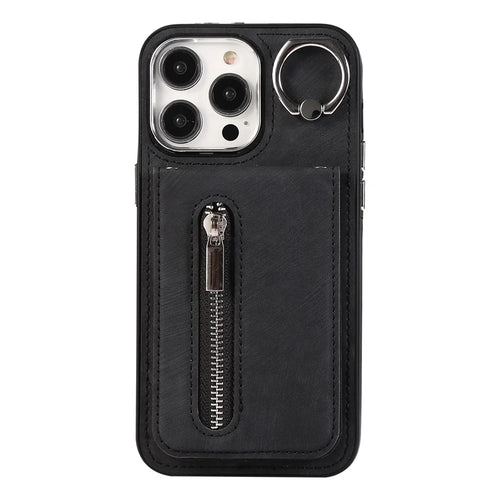For iPhone 15 Pro Leather+TPU Kickstand Case Zipper Pocket Phone Cover with Hand Strap and Shoulder Strap - Black - 1
