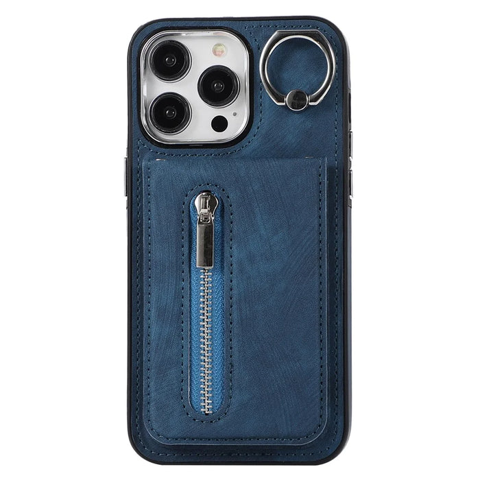For iPhone 15 Zipper Pocket Case Zipper Pocket Leather Coated TPU Phone Cover with Hand Strap - Blue - 1