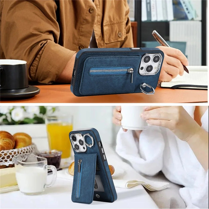 For iPhone 15 Zipper Pocket Case Zipper Pocket Leather Coated TPU Phone Cover with Hand Strap - Blue - 2
