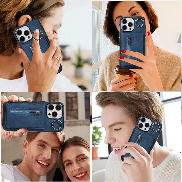 For iPhone 15 Zipper Pocket Case Zipper Pocket Leather Coated TPU Phone Cover with Hand Strap - Blue - 4
