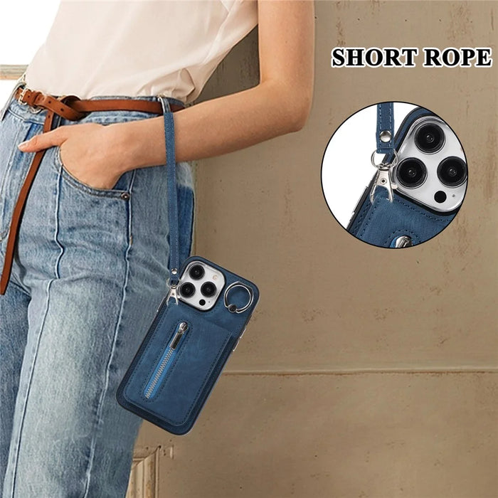For iPhone 15 Zipper Pocket Case Zipper Pocket Leather Coated TPU Phone Cover with Hand Strap - Blue - 7