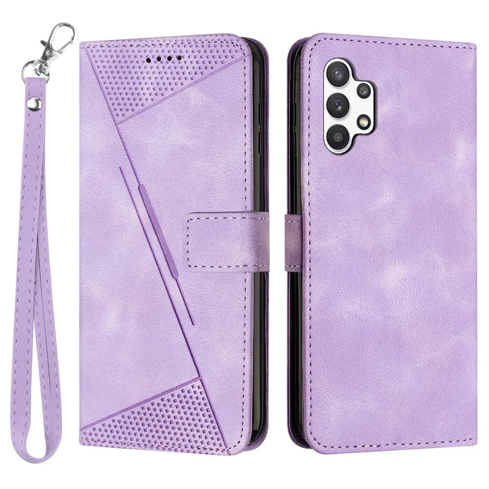 For Samsung Galaxy A32 5G / M32 5G Phone Case Triangle Imprinted Leather Stand Wallet Cover with Strap - Purple - 1