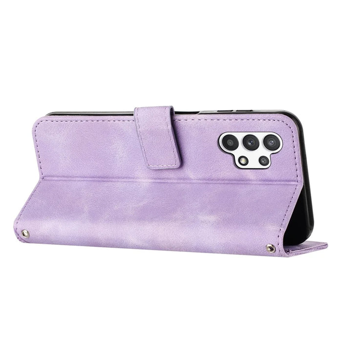 For Samsung Galaxy A32 5G / M32 5G Phone Case Triangle Imprinted Leather Stand Wallet Cover with Strap - Purple - 3