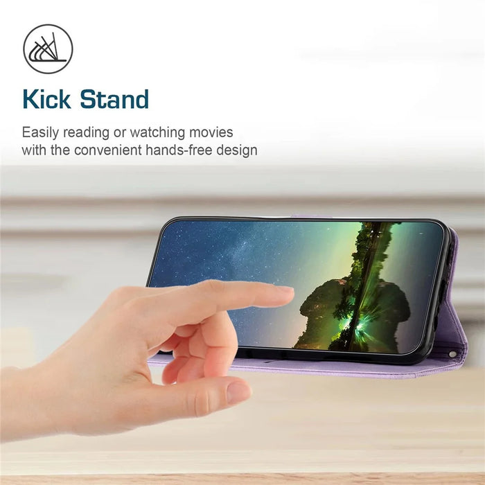 For Samsung Galaxy A32 5G / M32 5G Phone Case Triangle Imprinted Leather Stand Wallet Cover with Strap - Purple - 6