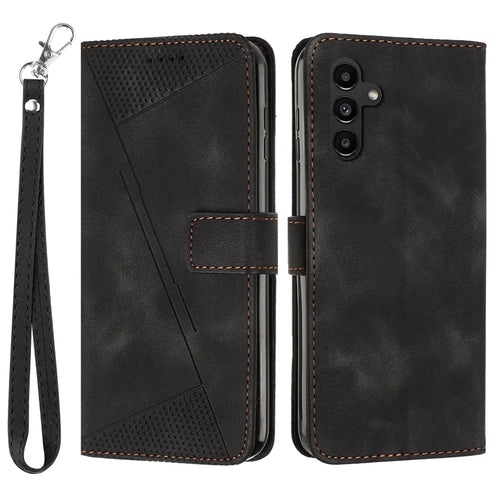 For Samsung Galaxy A14 5G Leather Wallet Stand Cover Triangle Imprint Phone Case with Strap - Black - 1