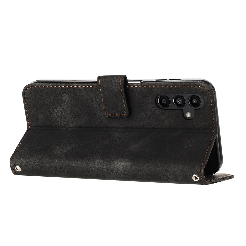 For Samsung Galaxy A14 5G Leather Wallet Stand Cover Triangle Imprint Phone Case with Strap - Black - 3