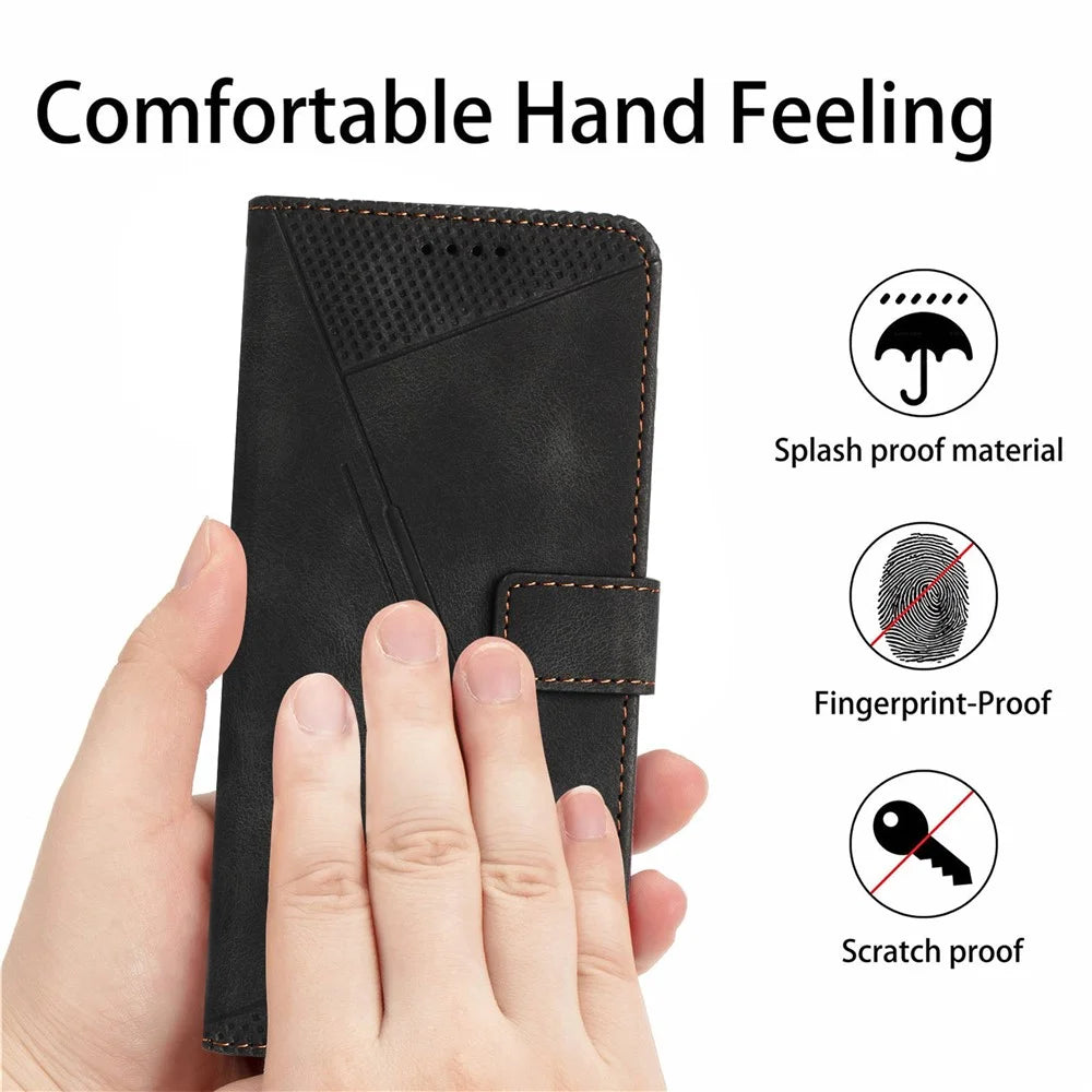 For Samsung Galaxy A14 5G Leather Wallet Stand Cover Triangle Imprint Phone Case with Strap - Black - 7